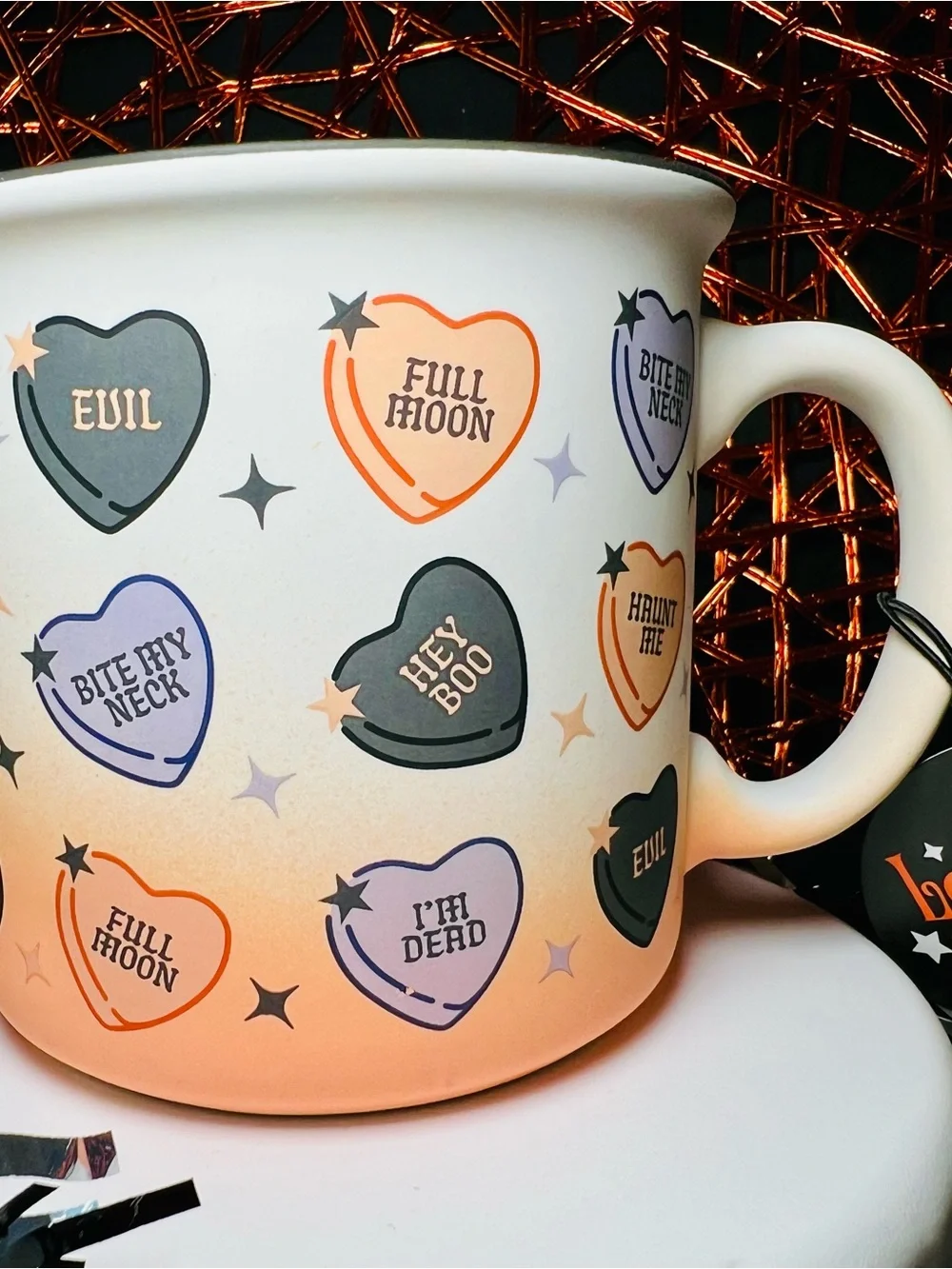 Halloween Conversation Hearts Mug in Orange, Purple & Black Dark Romance Fun